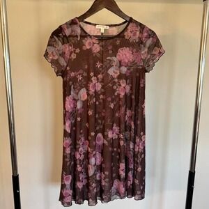 Brown Floral Mesh Dress With Short Sleeves and Pink Flowers Size Small Festival